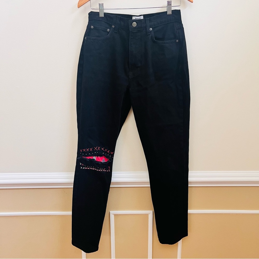 Reformation SAMPLE Julia High Cigarette Jeans Black Destroyed with Knee Patch - Picture 2 of 13